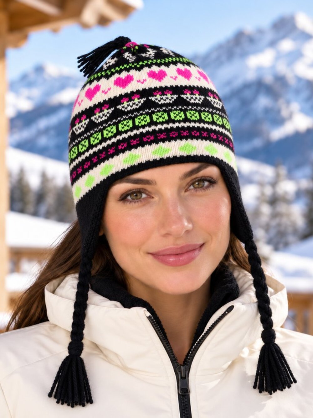 Stowe Woolens Vermont Beanie Womens One Size Fair Isle Black Pink White Hearts